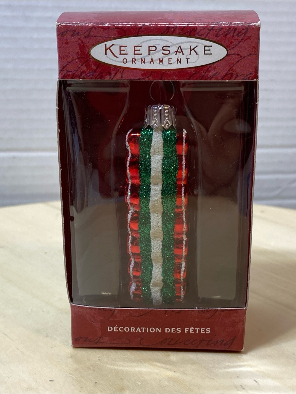 Li'l Cascade Christmas Ribbon Candy Ornament Red/Green/White Hand Blown Glass